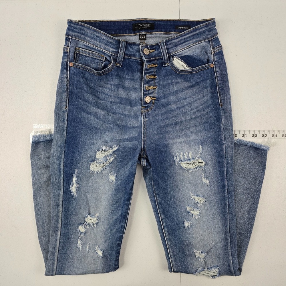 Judy Blue High Rise Skinny Fit Button Fly Ripped Jeans JB82263MD 7/28 blue 5926